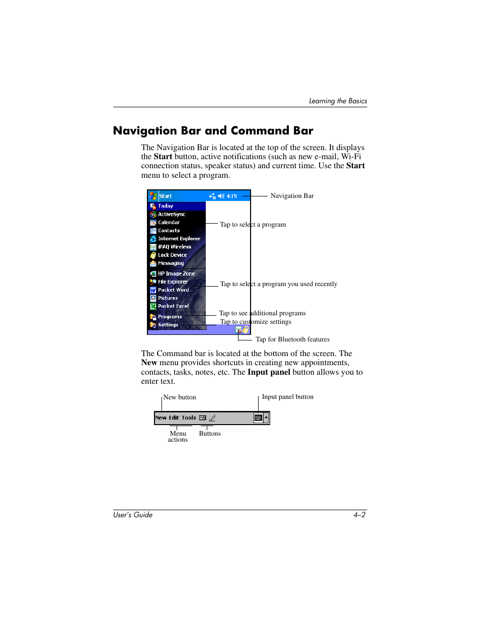 Navigation bar and command bar, Navigation bar and command bar –2 | HP iPAQ hx2000 User Manual | Page 42 / 168