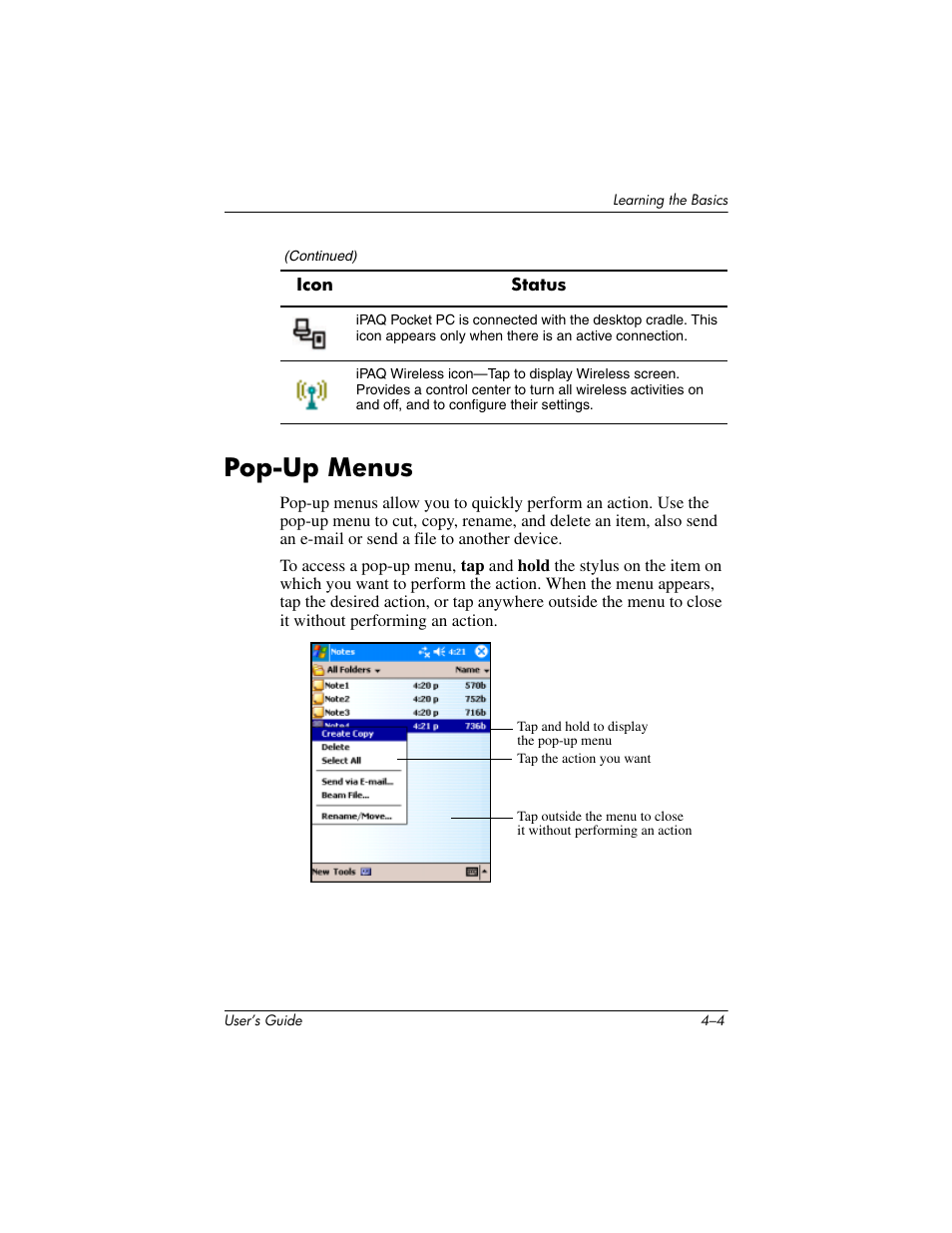 Pop-up menus, Pop-up menus –4 | HP iPAQ hx2000 User Manual | Page 44 / 168
