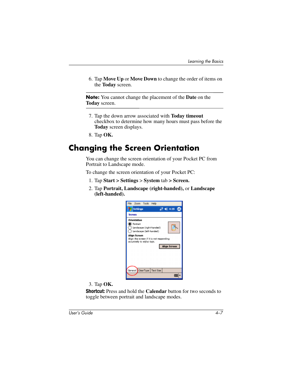 Changing the screen orientation, Changing the screen orientation –7 | HP iPAQ hx2000 User Manual | Page 47 / 168