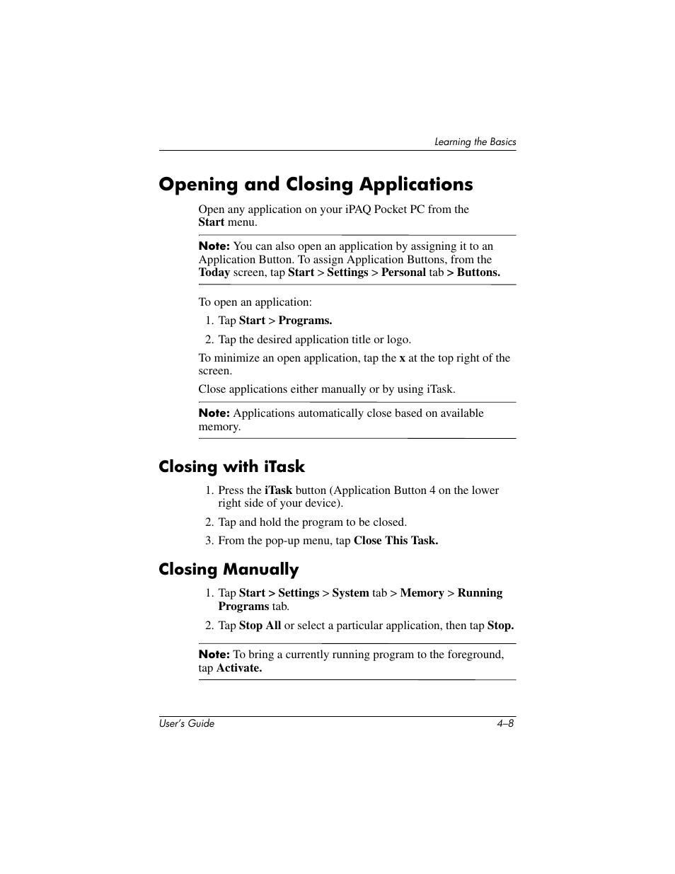 Opening and closing applications, Closing with itask, Closing manually | Opening and closing applications –8, Closing with itask –8 closing manually –8 | HP iPAQ hx2000 User Manual | Page 48 / 168