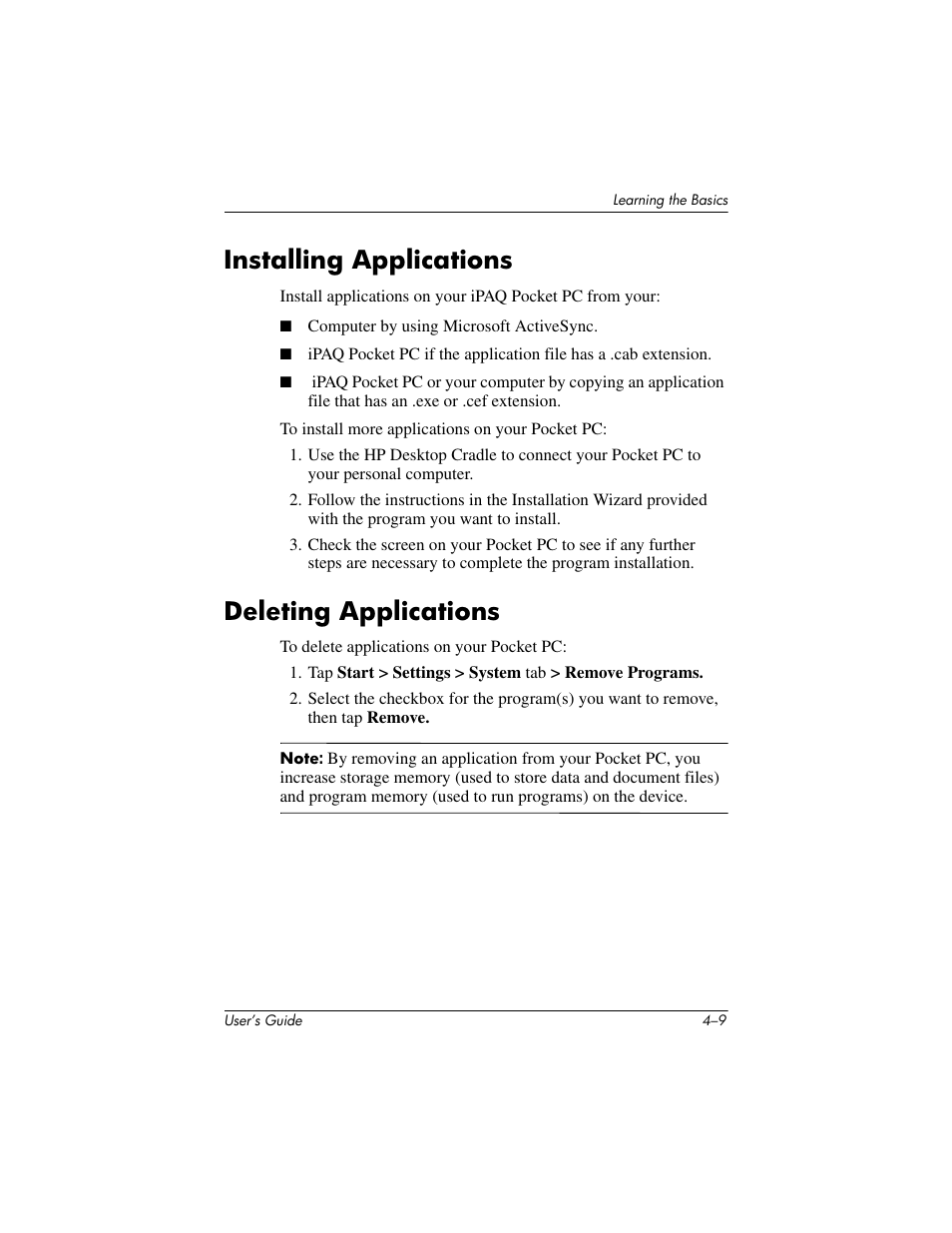 Installing applications, Deleting applications | HP iPAQ hx2000 User Manual | Page 49 / 168