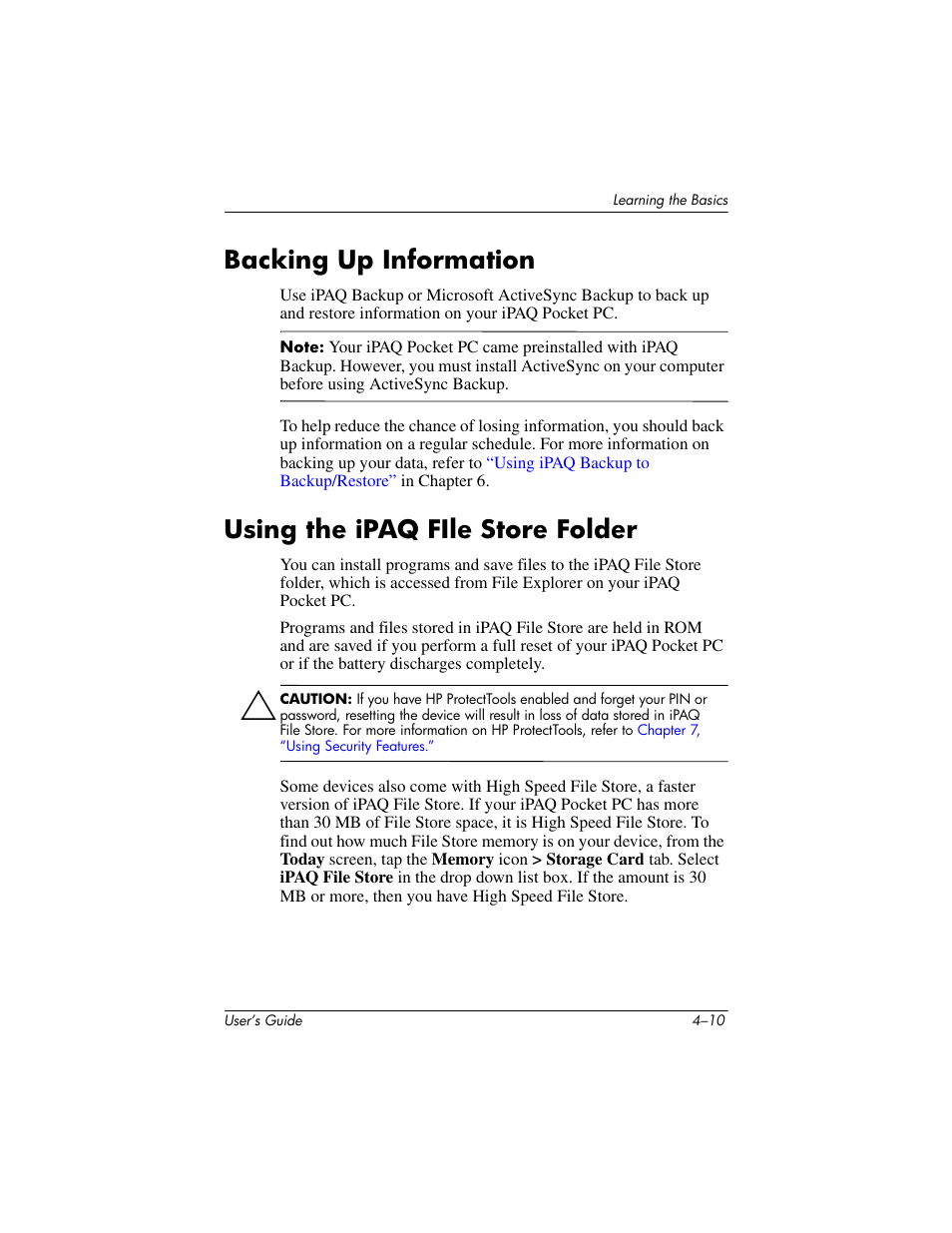 Backing up information, Using the ipaq file store folder | HP iPAQ hx2000 User Manual | Page 50 / 168