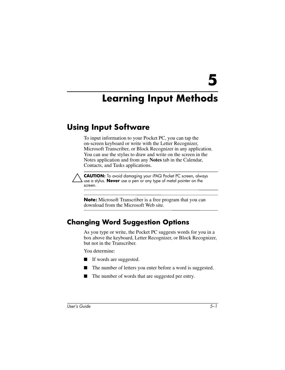 Learning input methods, Using input software, Changing word suggestion options | 5 learning input methods, Using input software –1, Changing word suggestion options –1 | HP iPAQ hx2000 User Manual | Page 52 / 168