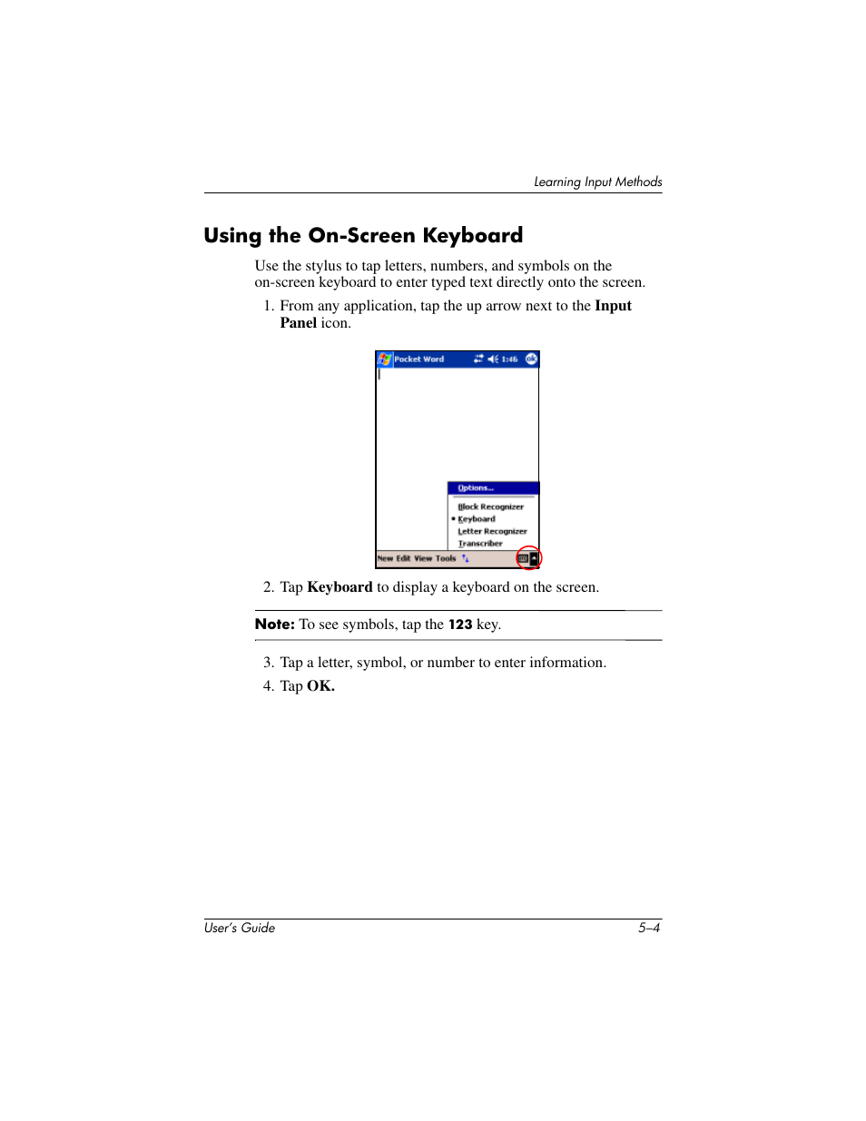 Using the on-screen keyboard, Using the on-screen keyboard –4 | HP iPAQ hx2000 User Manual | Page 55 / 168