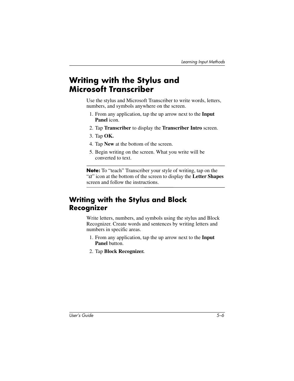 Writing with the stylus and microsoft transcriber, Writing with the stylus and block recognizer, Writing with the stylus and block recognizer –6 | HP iPAQ hx2000 User Manual | Page 57 / 168