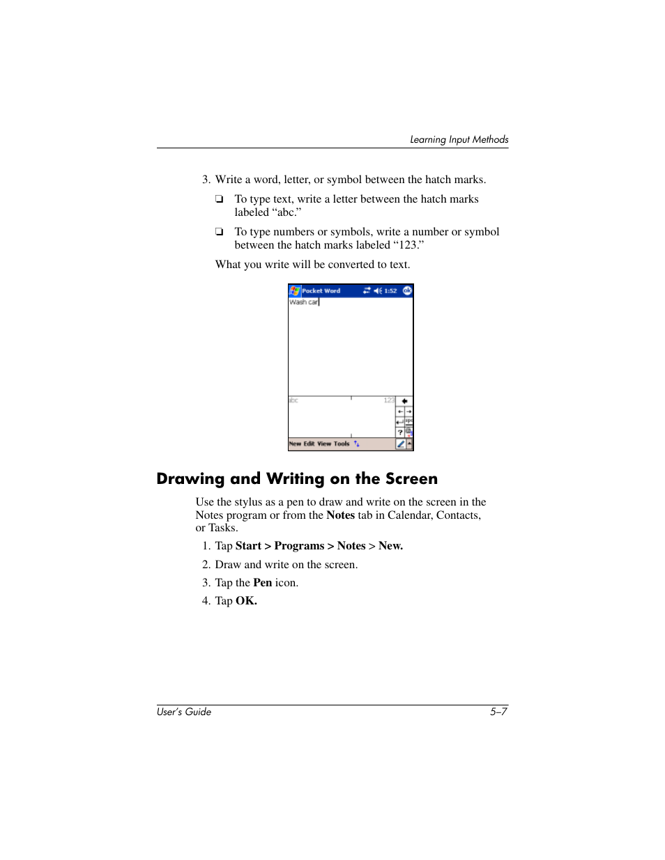 Drawing and writing on the screen, Drawing and writing on the screen –7 | HP iPAQ hx2000 User Manual | Page 58 / 168