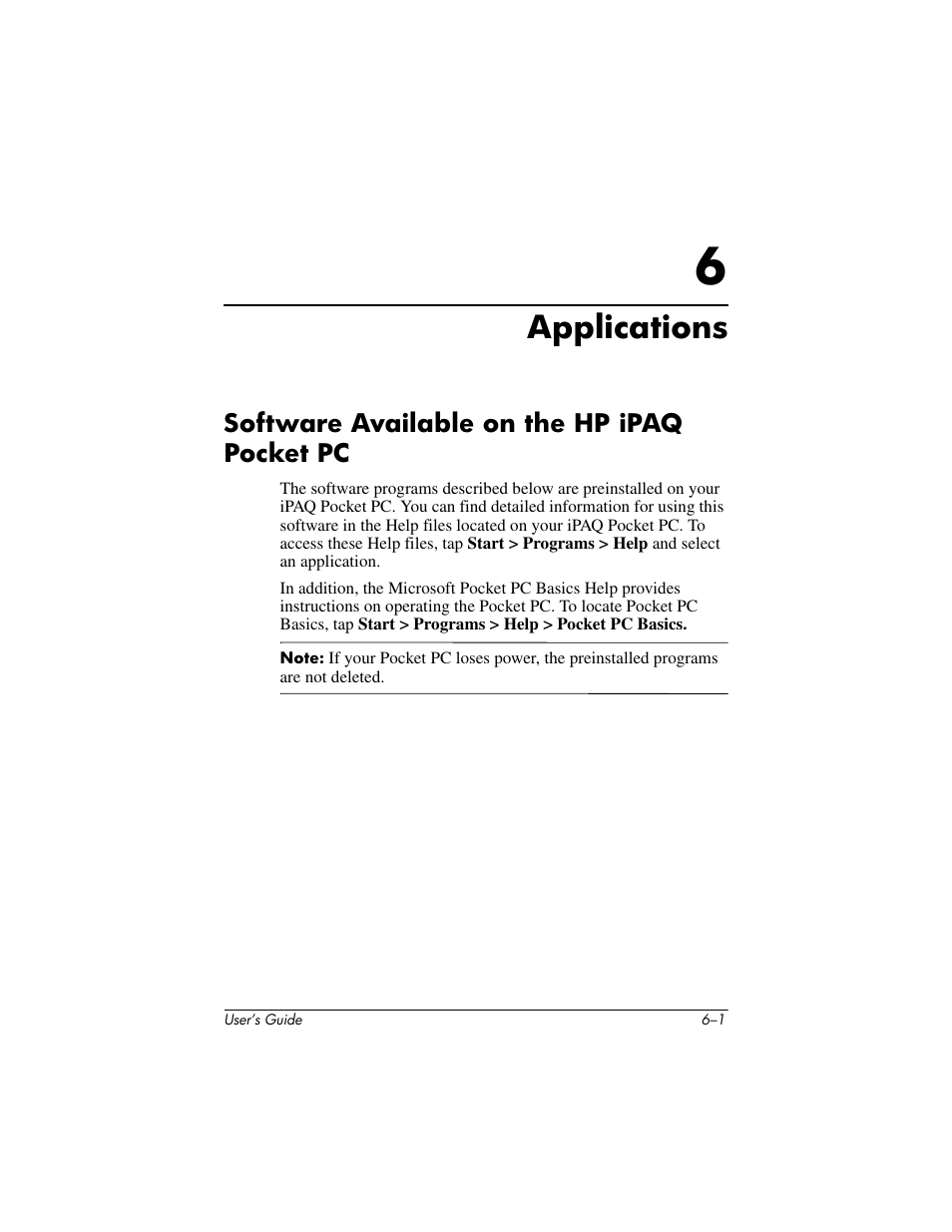 Applications, Software available on the hp ipaq pocket pc, 6 applications | Software available on the hp ipaq pocket pc –1 | HP iPAQ hx2000 User Manual | Page 60 / 168