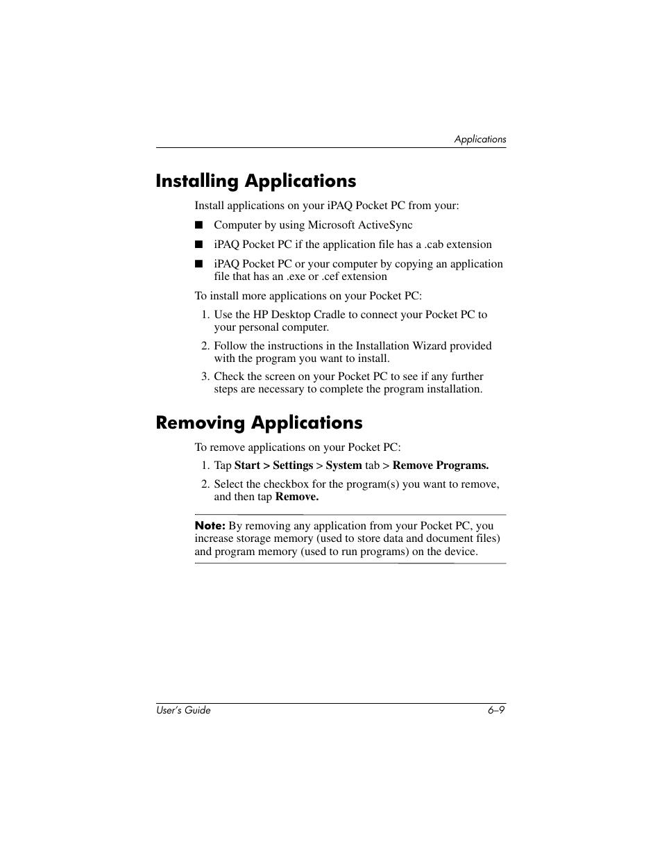 Installing applications, Removing applications | HP iPAQ hx2000 User Manual | Page 68 / 168