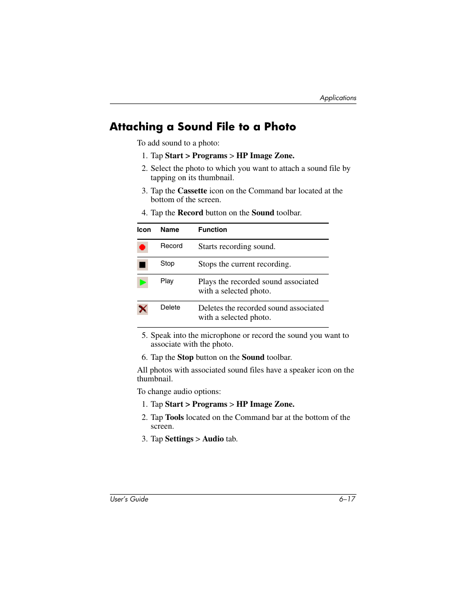 Attaching a sound file to a photo, Attaching a sound file to a photo –17 | HP iPAQ hx2000 User Manual | Page 76 / 168