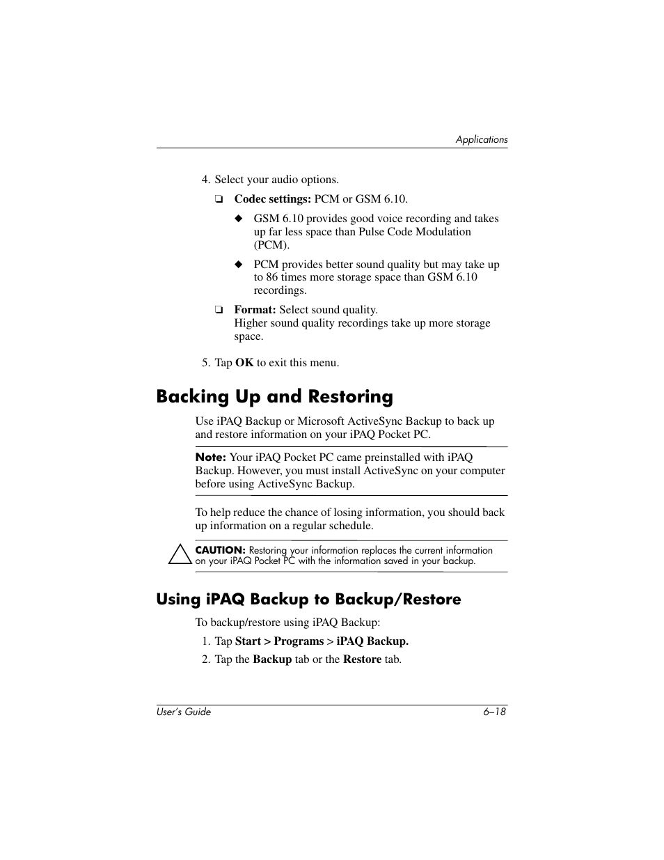 Backing up and restoring, Using ipaq backup to backup/restore, Backing up and restoring –18 | Using ipaq backup to backup/restore –18, Using ipaq backup to, Backup/restore | HP iPAQ hx2000 User Manual | Page 77 / 168