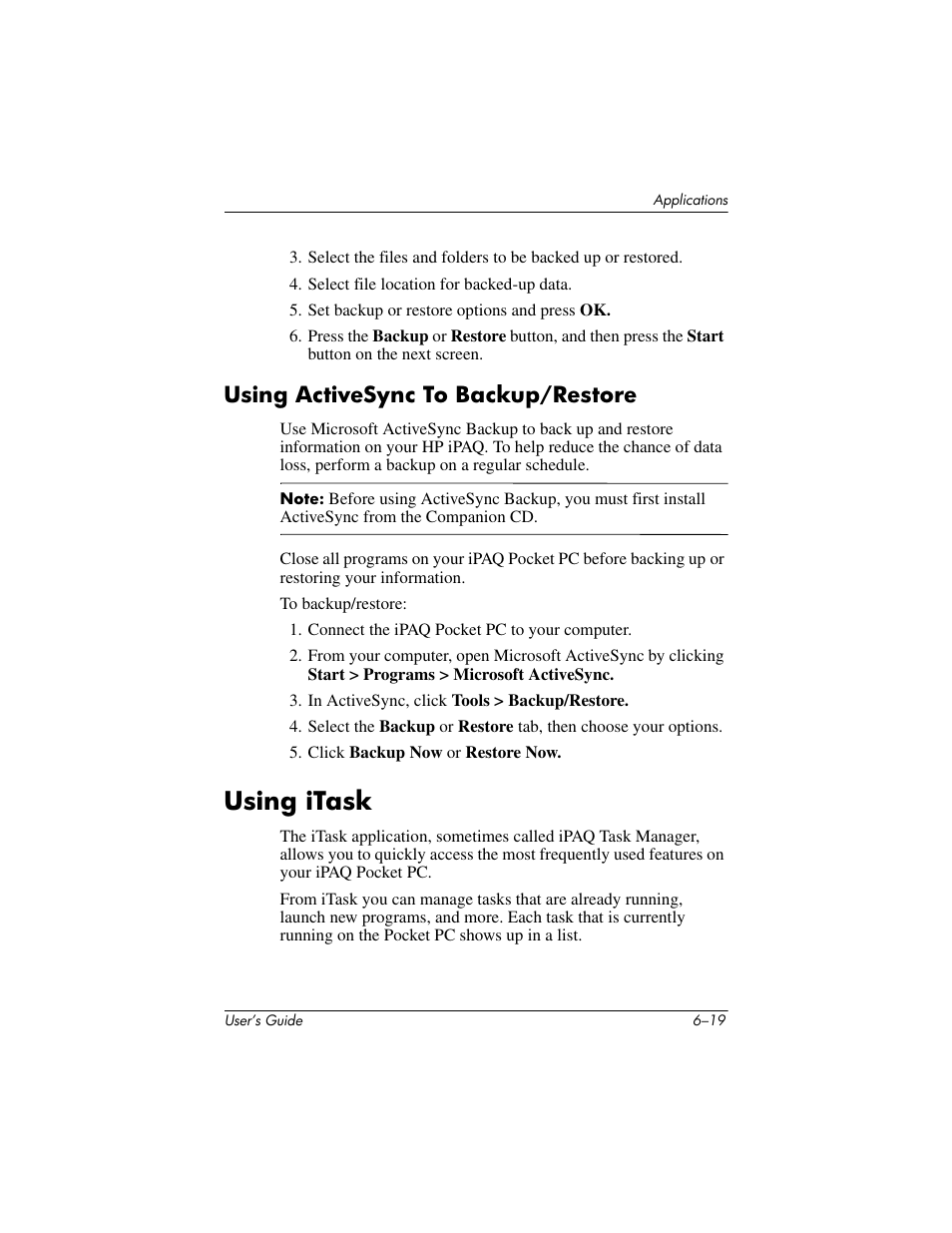 Using activesync to backup/restore, Using itask, Using activesync to backup/restore –19 | Using itask –19 | HP iPAQ hx2000 User Manual | Page 78 / 168