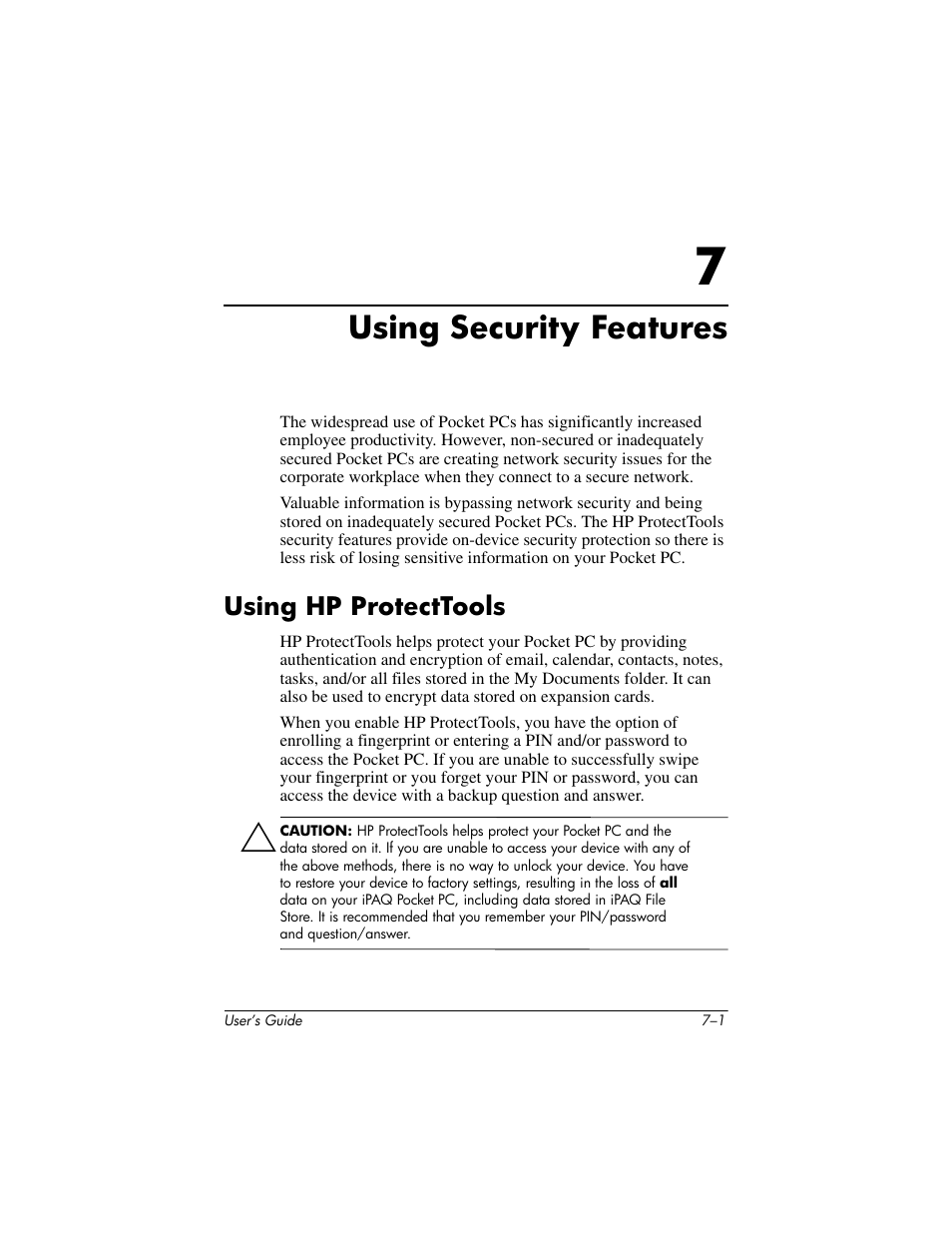 Using security features, Using hp protecttools, 7 using security features | Using hp protecttools –1, Chapter 7 | HP iPAQ hx2000 User Manual | Page 80 / 168