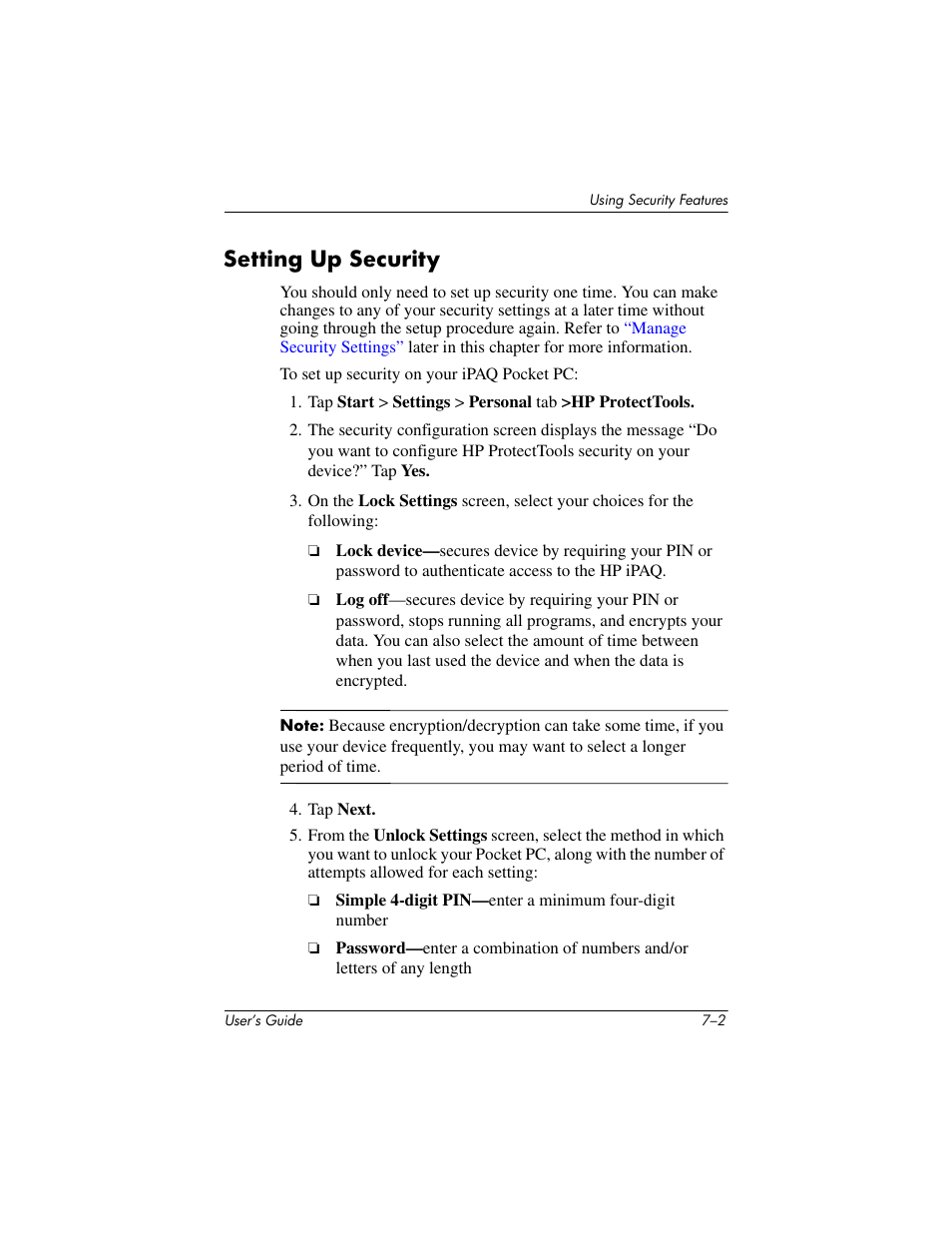 Setting up security, Setting up security –2 | HP iPAQ hx2000 User Manual | Page 81 / 168