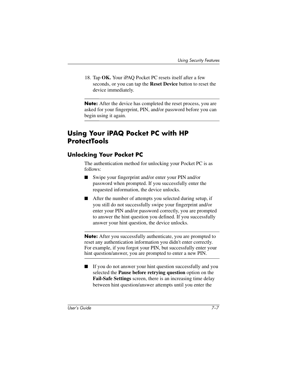 Using your ipaq pocket pc with hp protecttools, Unlocking your pocket pc, Using your ipaq pocket pc with hp protecttools –7 | HP iPAQ hx2000 User Manual | Page 86 / 168