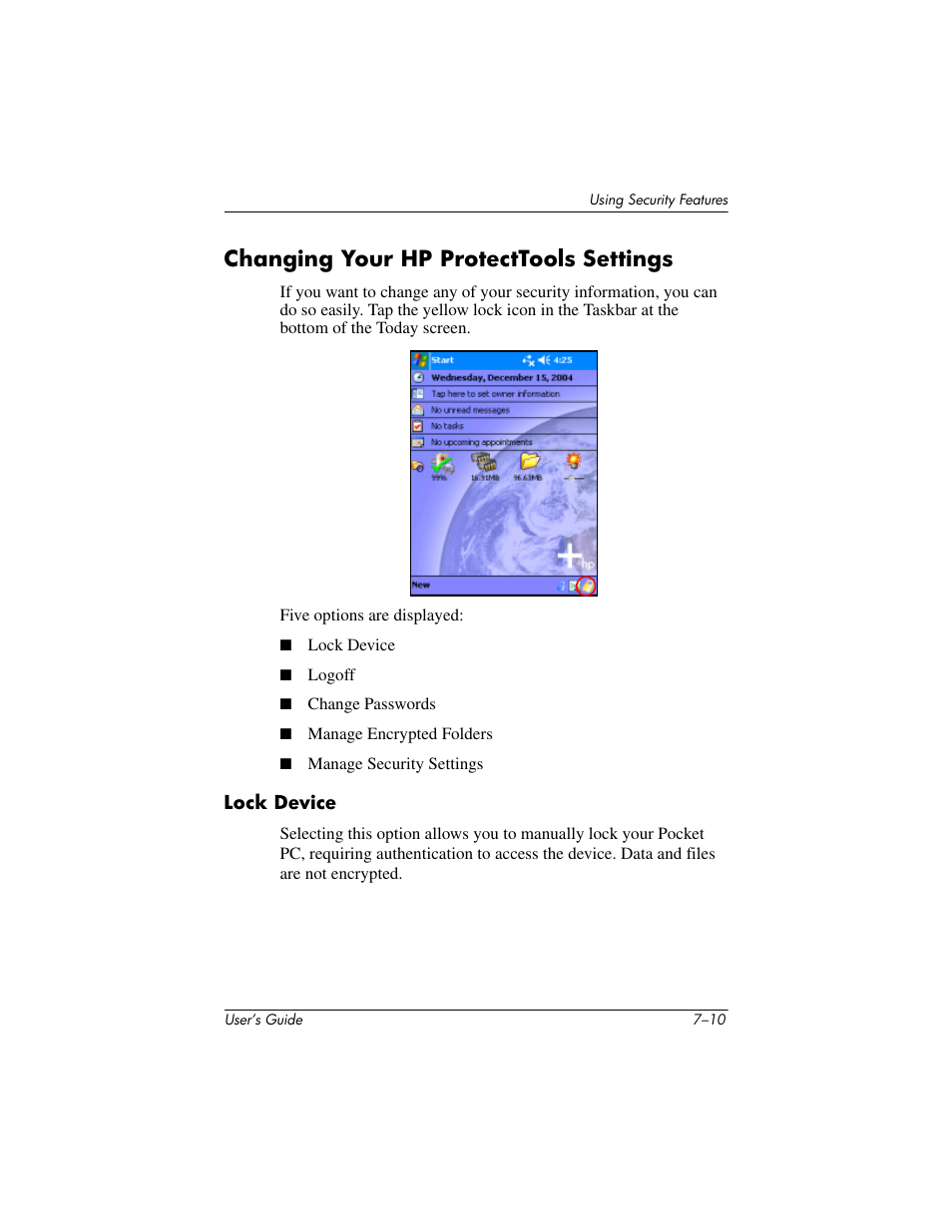 Changing your hp protecttools settings, Lock device, Changing your hp protecttools settings –10 | HP iPAQ hx2000 User Manual | Page 89 / 168