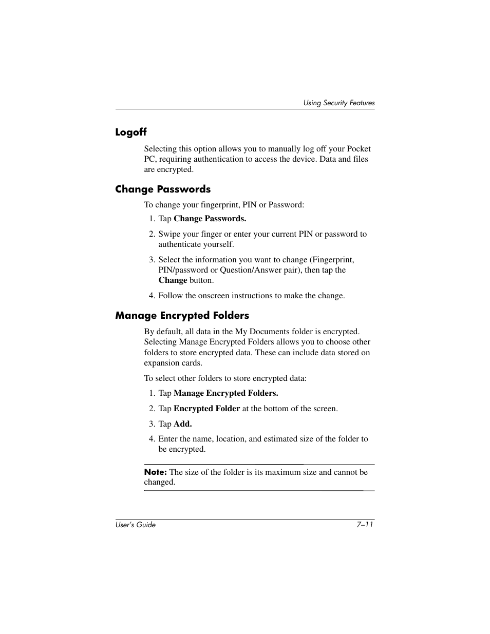 Logoff, Change passwords, Manage encrypted folders | HP iPAQ hx2000 User Manual | Page 90 / 168