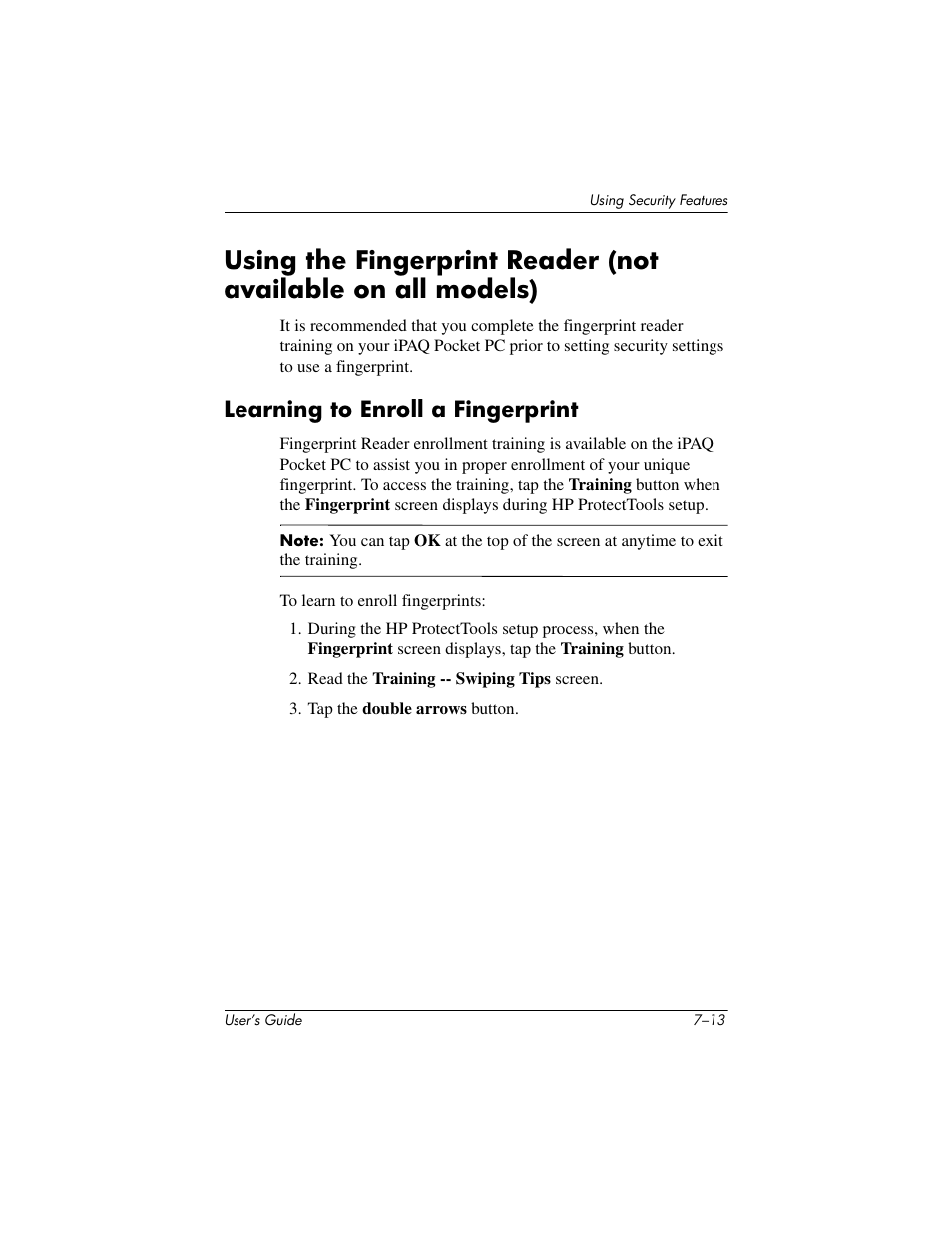 Learning to enroll a fingerprint, Learning to enroll a fingerprint –13, Ngerprints, refer to | Using, The fingerprint reader, Using the, Fingerprint reader | HP iPAQ hx2000 User Manual | Page 92 / 168