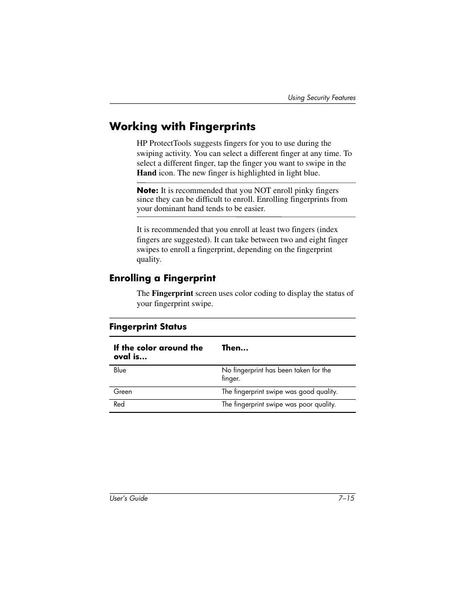 Working with fingerprints, Enrolling a fingerprint, Working with fingerprints –15 | HP iPAQ hx2000 User Manual | Page 94 / 168