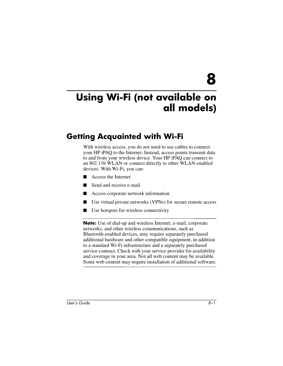 Using wi-fi (not available on all models), Getting acquainted with wi-fi, 8 using wi-fi (not available on all models) | Getting acquainted with wi-fi –1 | HP iPAQ hx2000 User Manual | Page 97 / 168