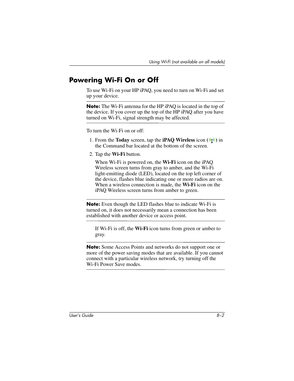 Powering wi-fi on or off, Powering wi-fi on or off –2 | HP iPAQ hx2000 User Manual | Page 98 / 168