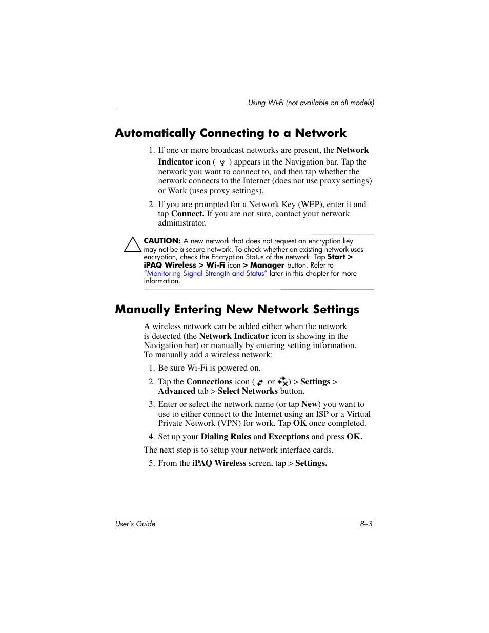 Automatically connecting to a network, Manually entering new network settings | HP iPAQ hx2000 User Manual | Page 99 / 168