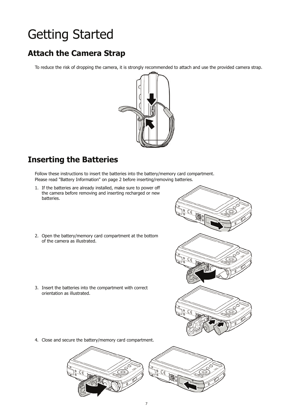 Getting started, Attach the camera strap, Inserting the batteries | HP CC450 User Manual | Page 11 / 82