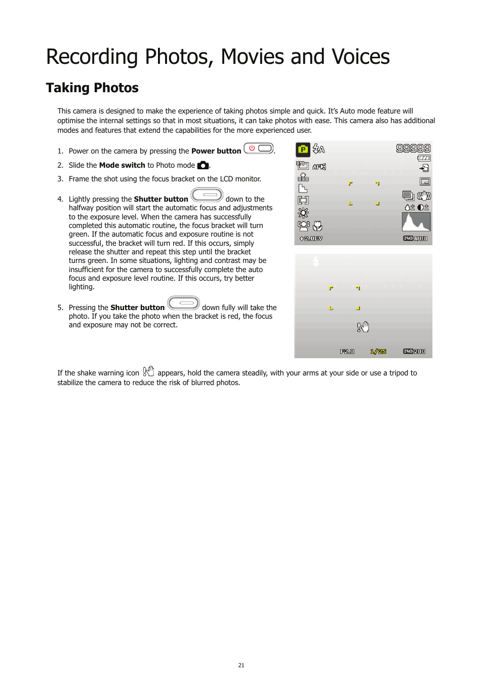 Recording photos, movies and voices, Taking photos | HP CC450 User Manual | Page 25 / 82