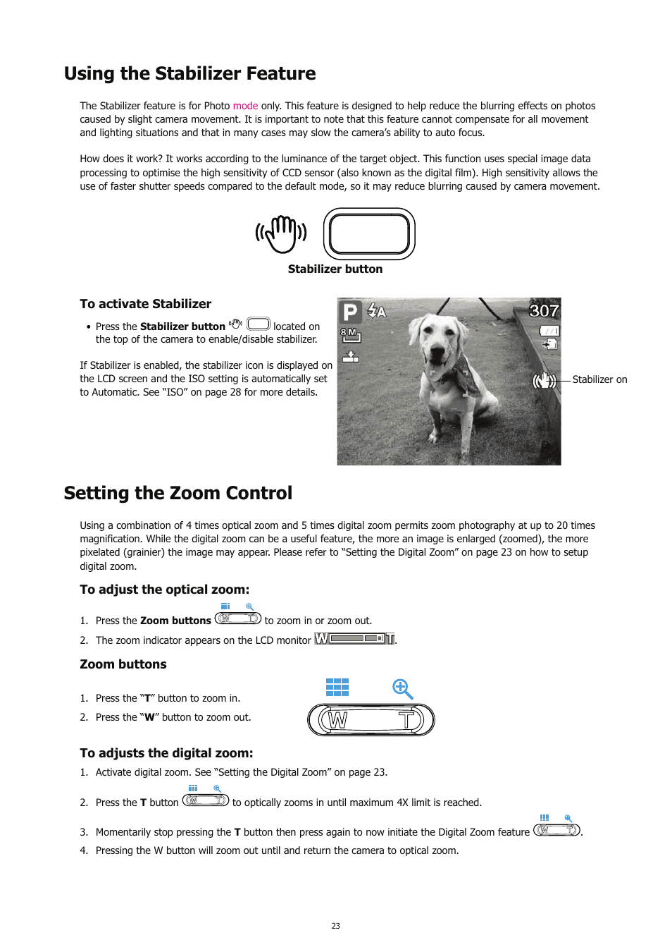 Using the stabilizer feature, Setting the zoom control | HP CC450 User Manual | Page 27 / 82