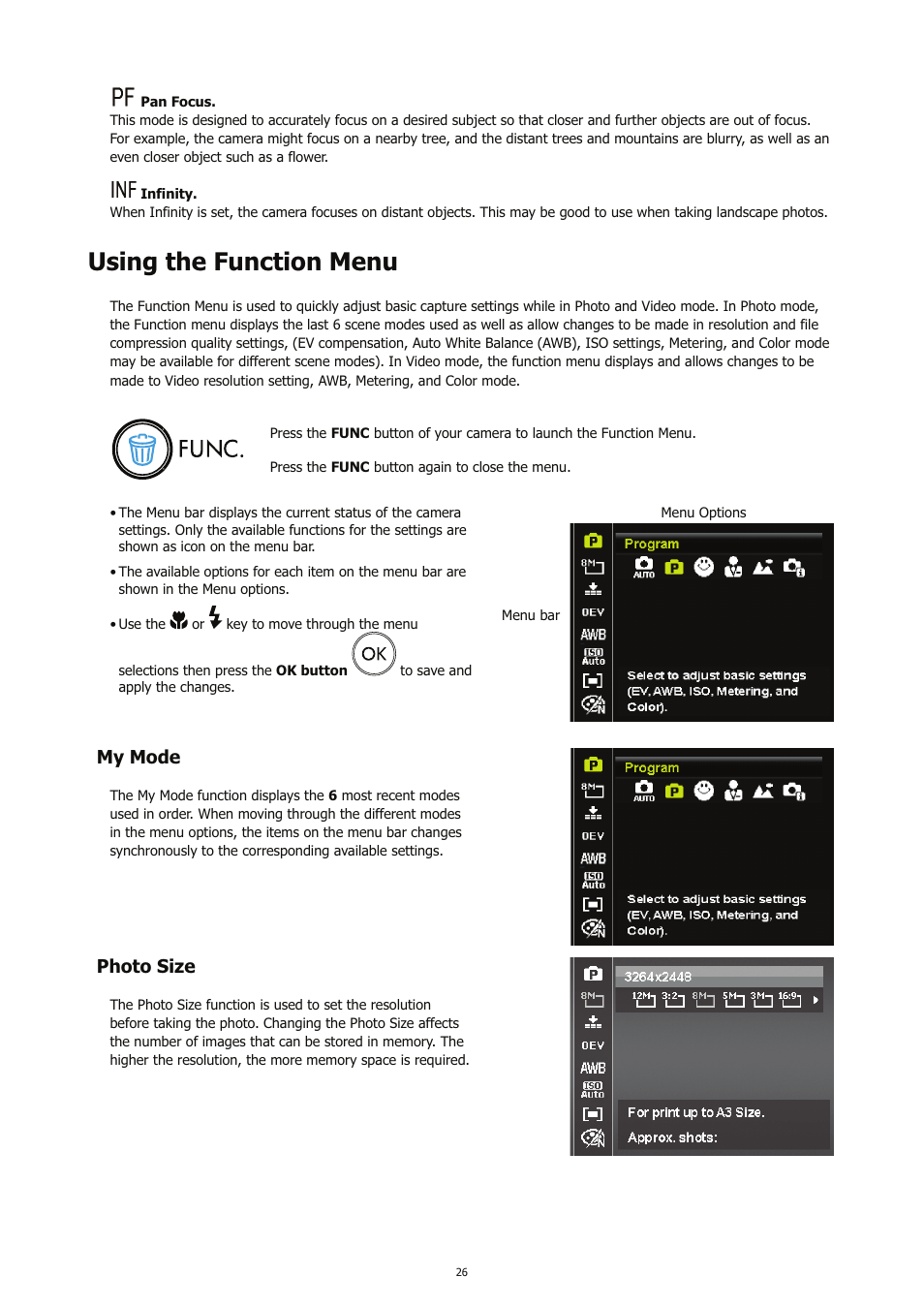 Using the function menu, My mode, Photo size | HP CC450 User Manual | Page 30 / 82