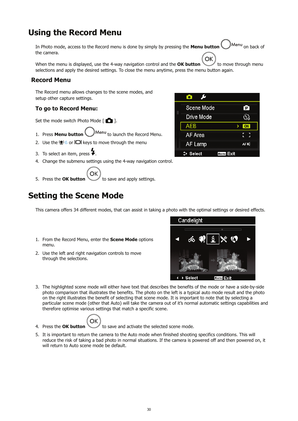 Using the record menu, Setting the scene mode, Record menu | HP CC450 User Manual | Page 34 / 82