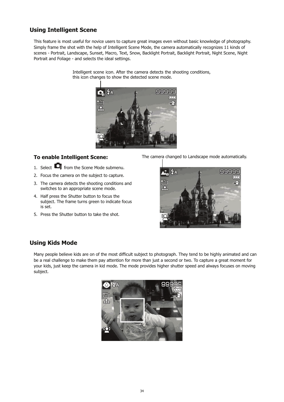 Using intelligent scene, Using kids mode | HP CC450 User Manual | Page 38 / 82