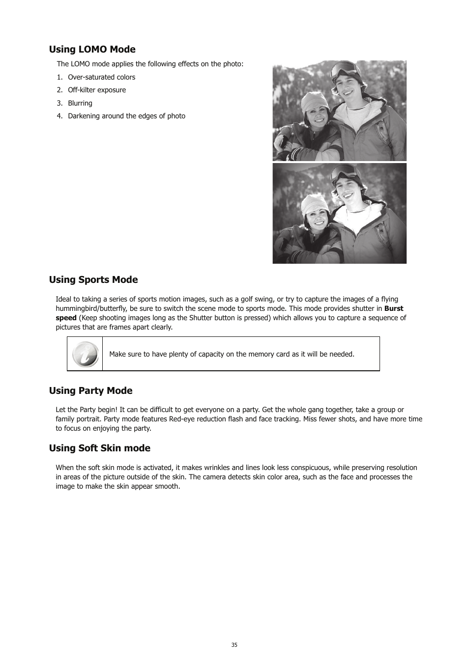 Using lomo mode, Using sports mode, Using party mode | Using soft skin mode | HP CC450 User Manual | Page 39 / 82