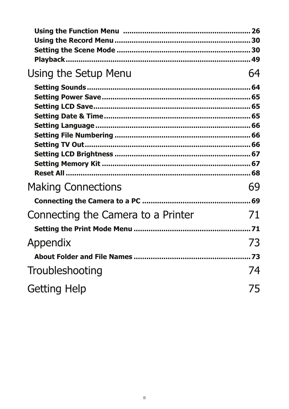 Using the setup menu 64, Making connections 69, Connecting the camera to a printer 71 | Appendix 73, Troubleshooting 74 getting help 75 | HP CC450 User Manual | Page 4 / 82