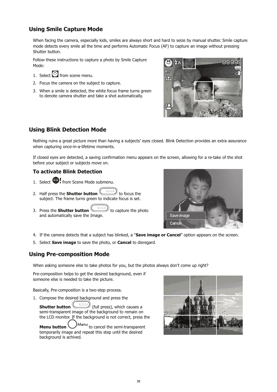 Using smile capture mode, Using blink detection mode, Using pre-composition mode | HP CC450 User Manual | Page 42 / 82