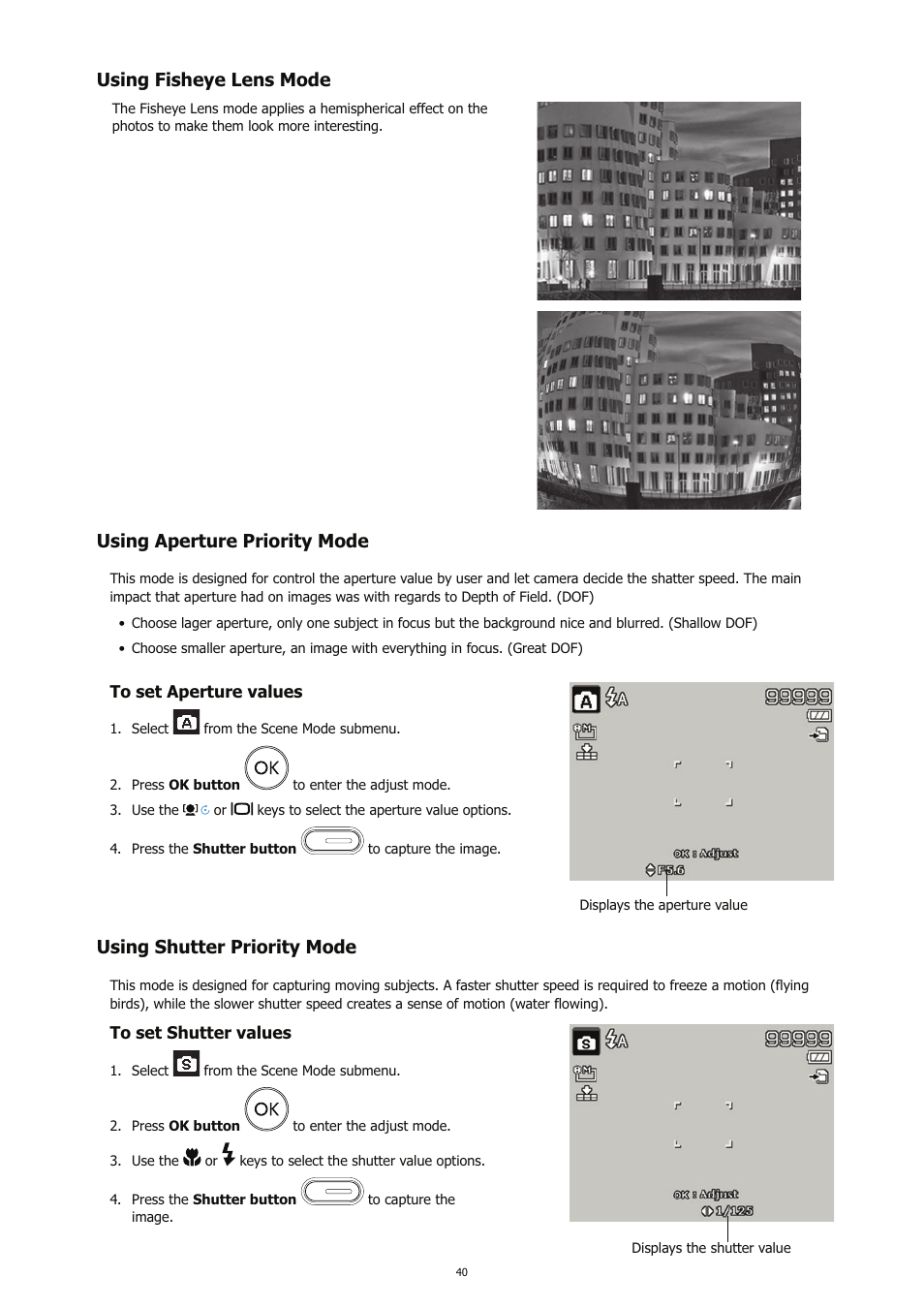Using fisheye lens mode, Using aperture priority mode, Using shutter priority mode | HP CC450 User Manual | Page 44 / 82