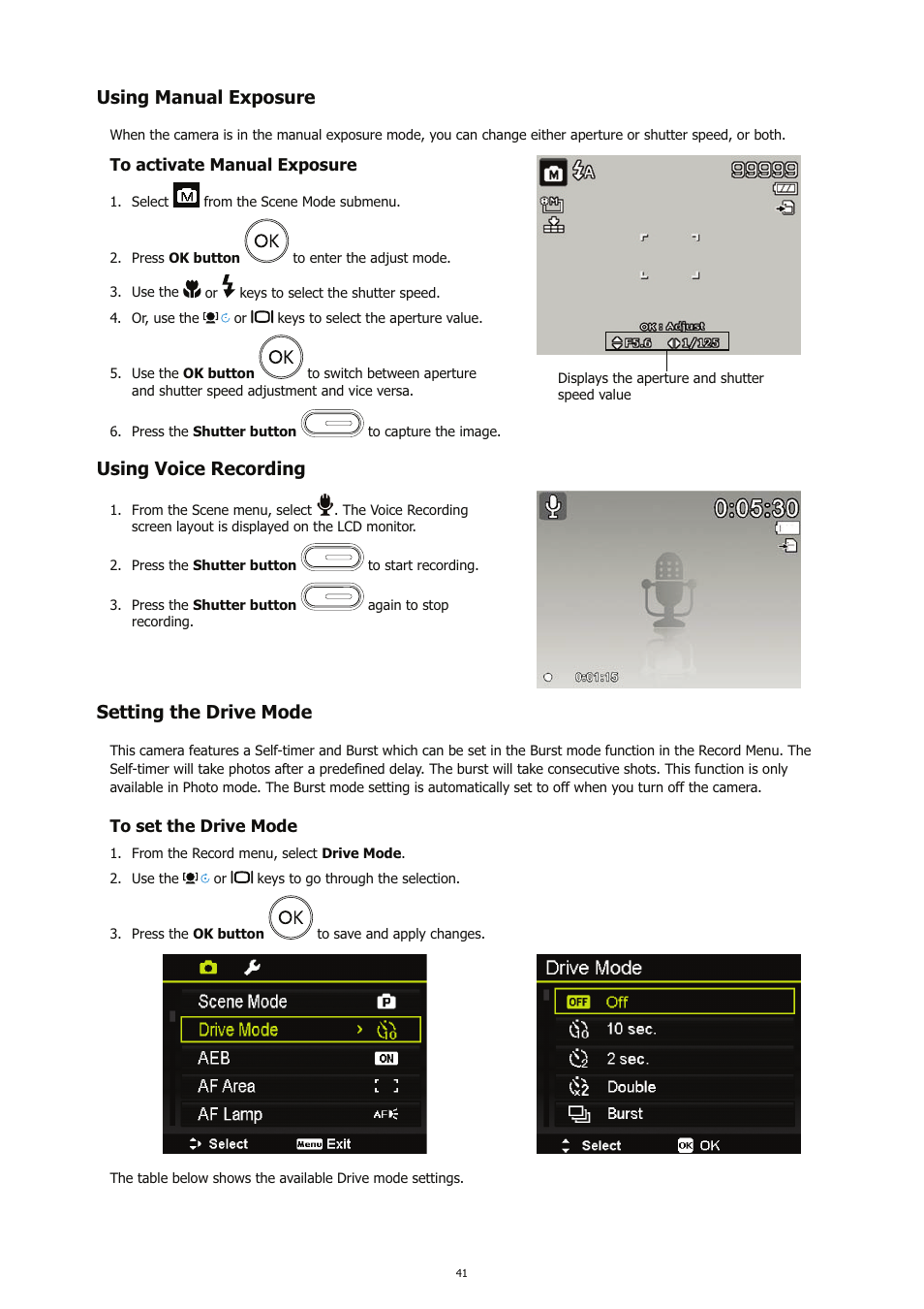 Using manual exposure, Using voice recording, Setting the drive mode | HP CC450 User Manual | Page 45 / 82