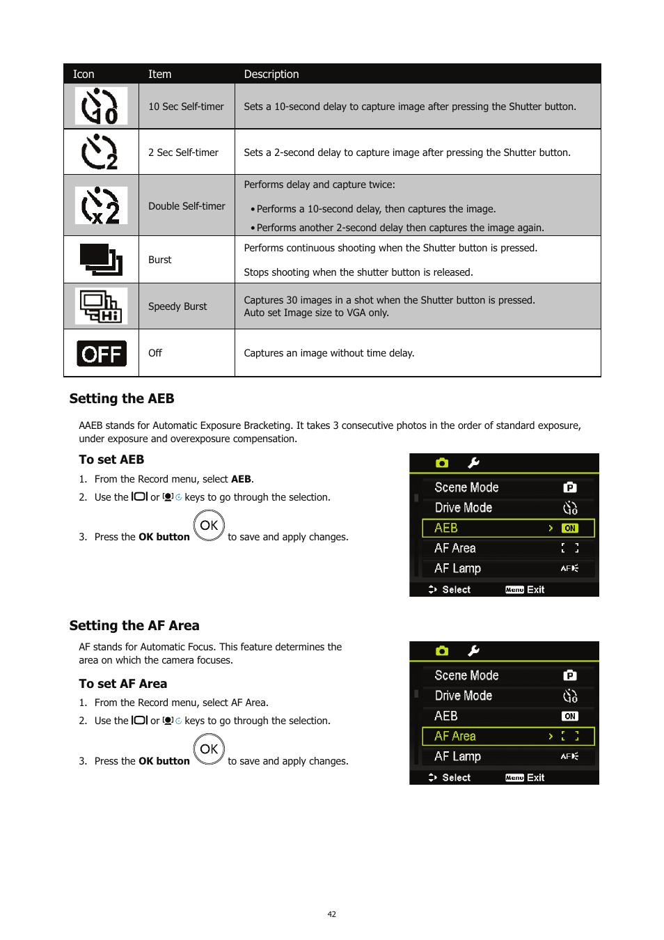 Setting the aeb, Setting the af area | HP CC450 User Manual | Page 46 / 82