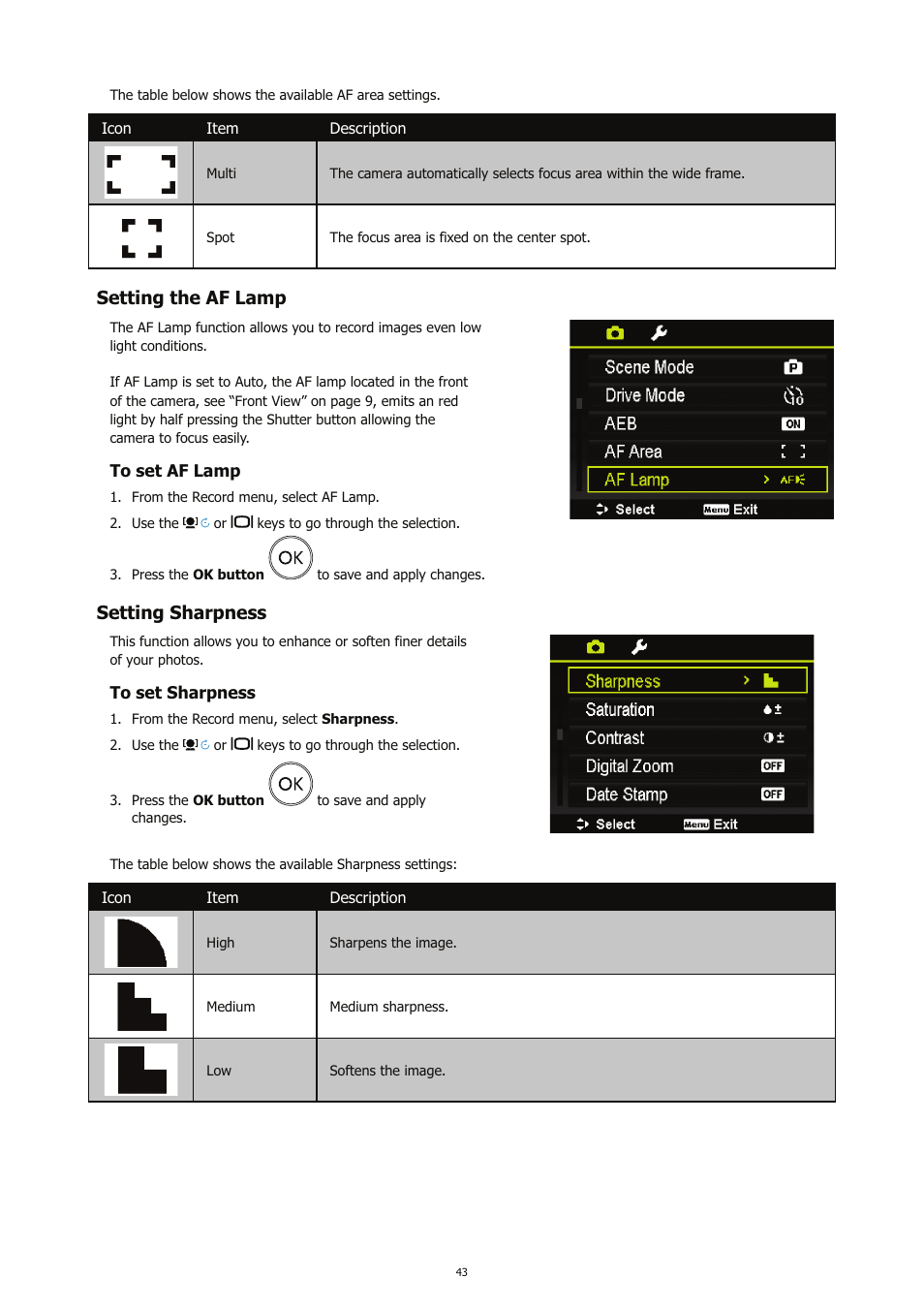 Setting the af lamp, Setting sharpness | HP CC450 User Manual | Page 47 / 82
