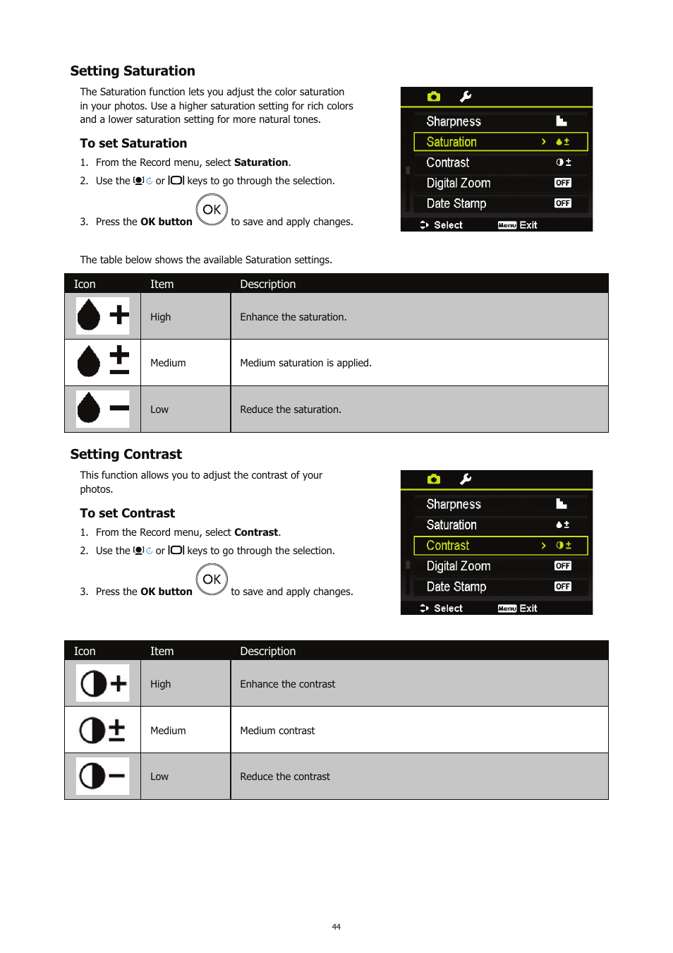 Setting saturation, Setting contrast | HP CC450 User Manual | Page 48 / 82