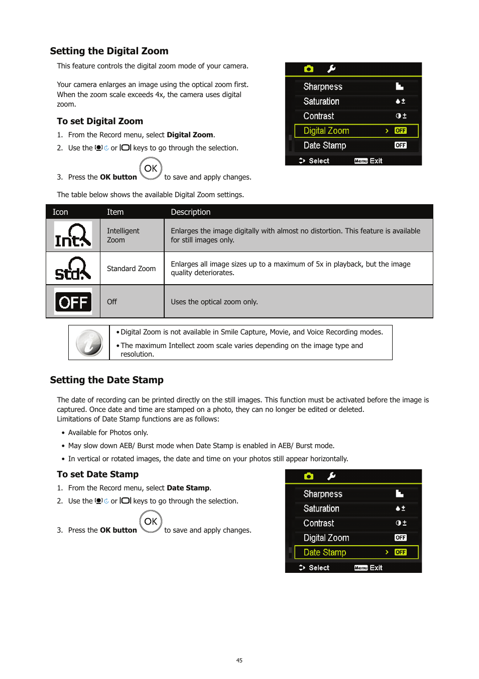 Setting the digital zoom, Setting the date stamp | HP CC450 User Manual | Page 49 / 82