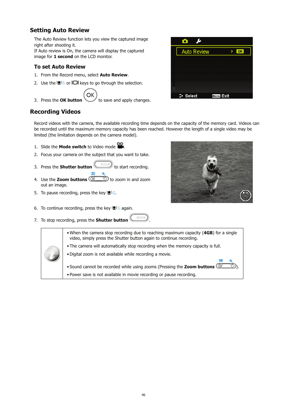 Setting auto review, Recording videos | HP CC450 User Manual | Page 50 / 82