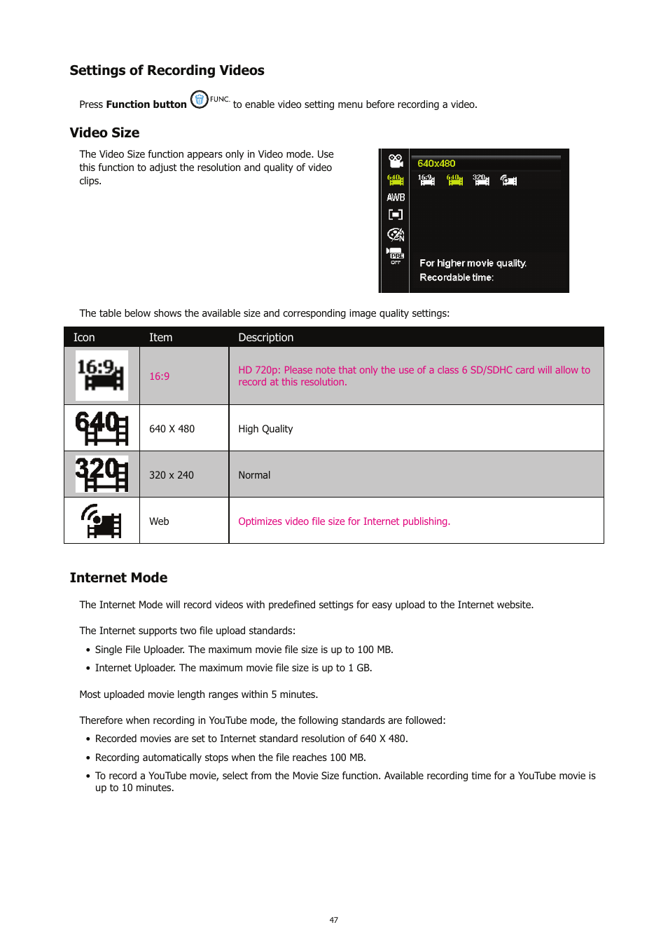 Settings of recording videos, Video size, Internet mode | HP CC450 User Manual | Page 51 / 82