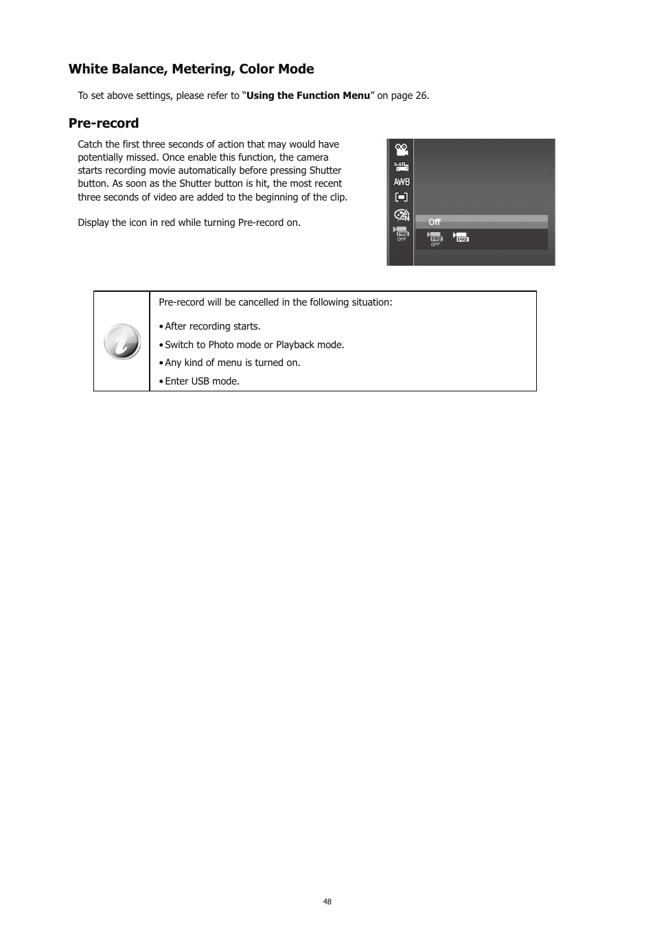 White balance, metering, color mode, Pre-record | HP CC450 User Manual | Page 52 / 82