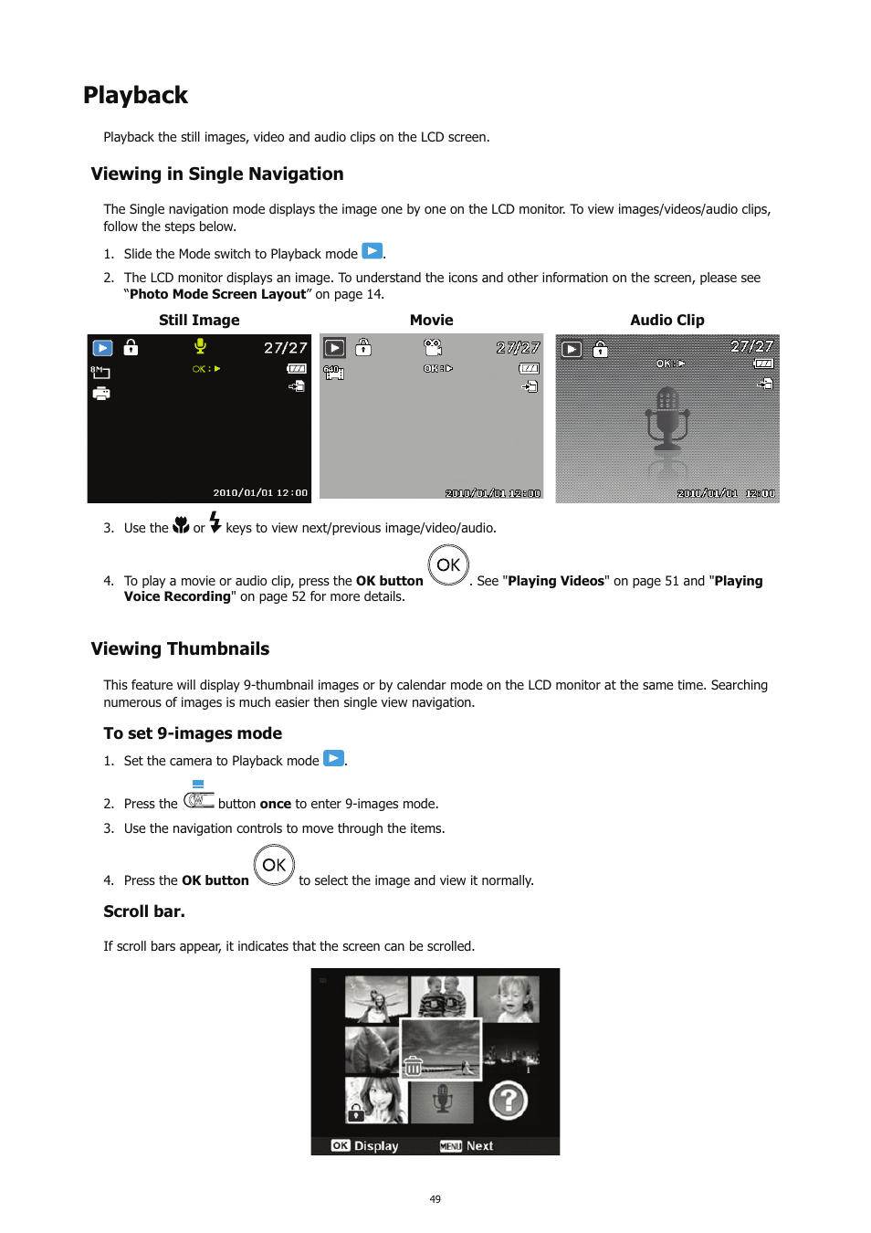 Playback, Viewing in single navigation, Viewing thumbnails | HP CC450 User Manual | Page 53 / 82