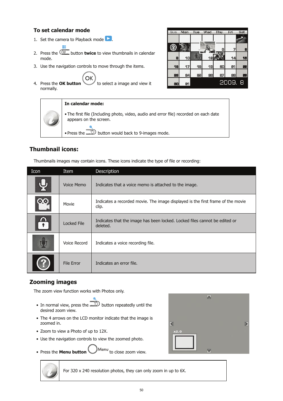 Thumbnail icons, Zooming images | HP CC450 User Manual | Page 54 / 82