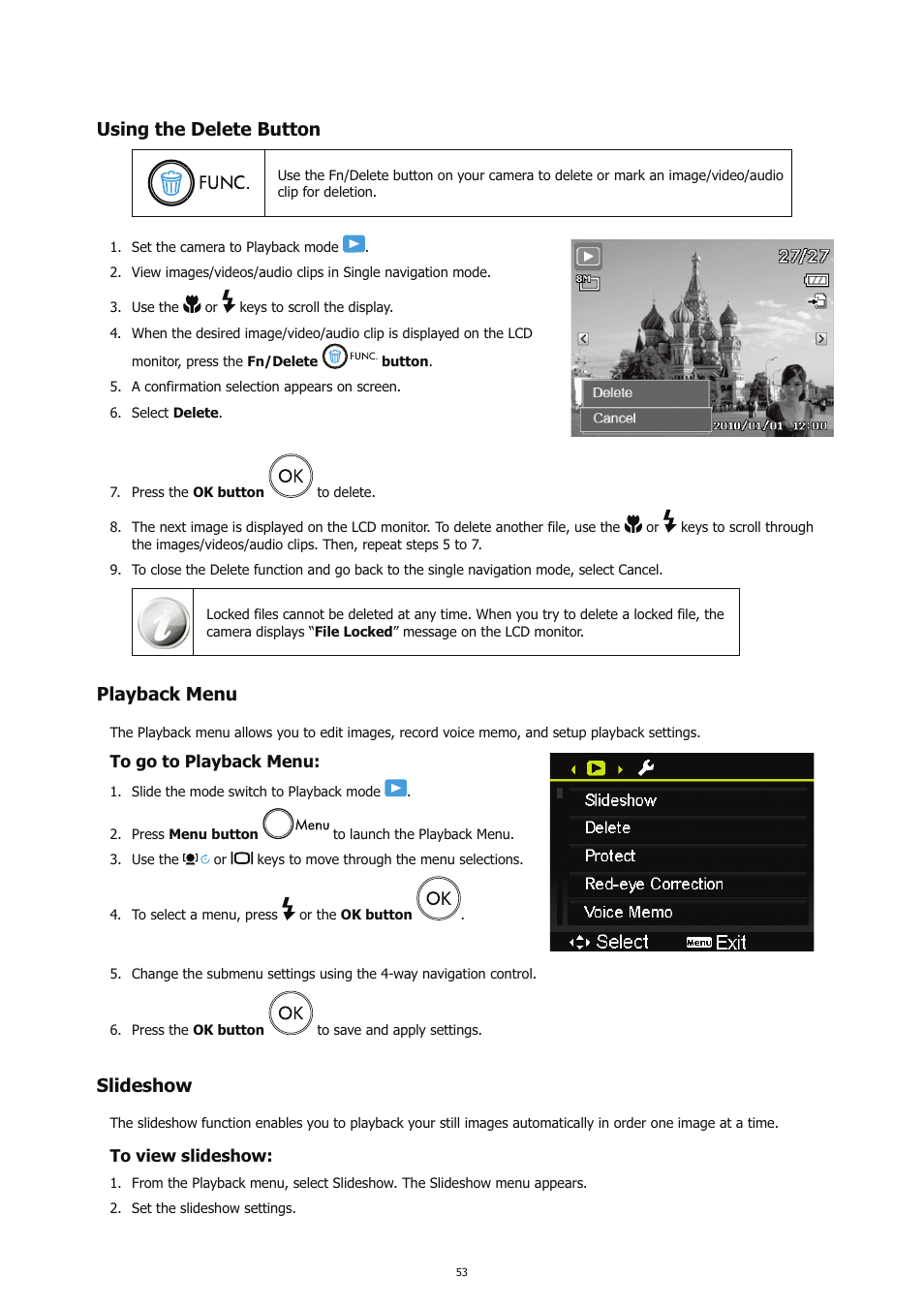 Using the delete button, Playback menu, Slideshow | HP CC450 User Manual | Page 57 / 82