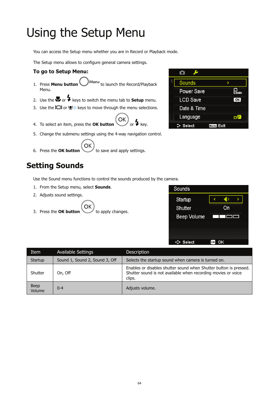 Using the setup menu, Setting sounds | HP CC450 User Manual | Page 68 / 82