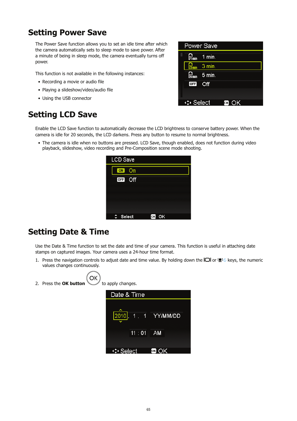 Setting power save, Setting lcd save, Setting date & time | HP CC450 User Manual | Page 69 / 82