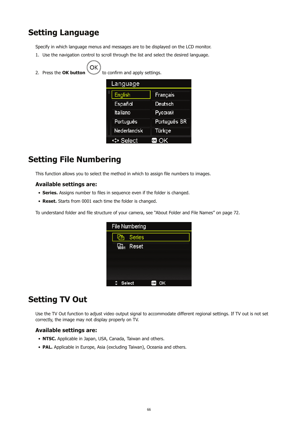 Setting language, Setting file numbering, Setting tv out | HP CC450 User Manual | Page 70 / 82