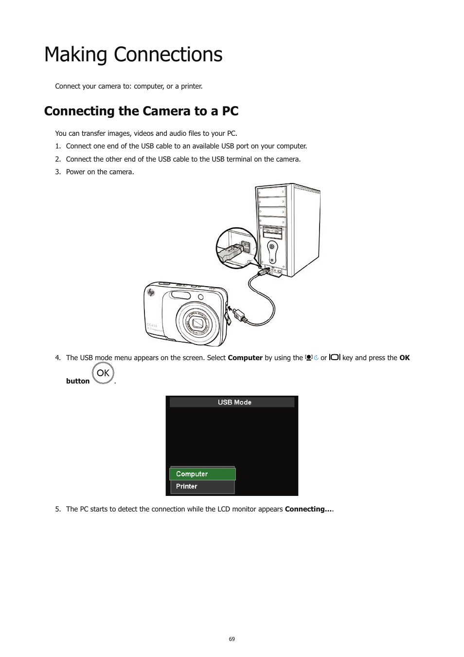 Making connections, Connecting the camera to a pc | HP CC450 User Manual | Page 73 / 82